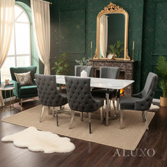 Loki 1.6m White Sintered Stone Chrome Dining Table with 4 Oskar Dark Grey Velvet Chairs