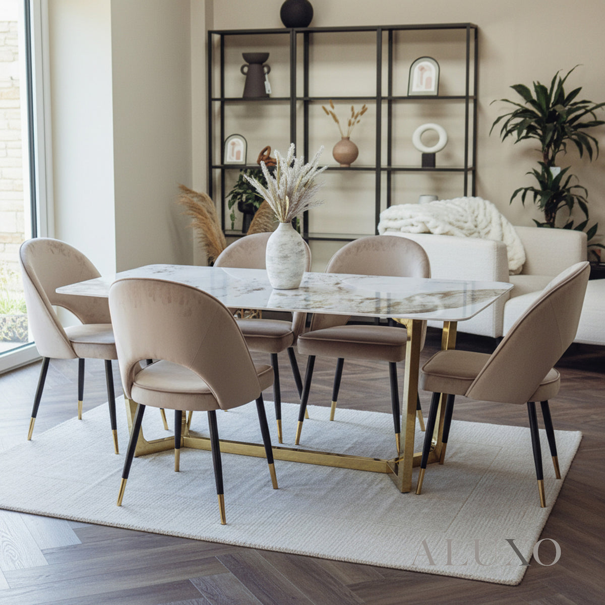 Loki 1.8m Gold Dining Set – Cream Sintered Stone Table with 4/6 Bjorn Champagne Velvet Chairs