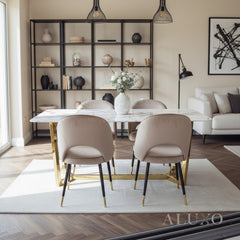 Loki 1.8m Gold Dining Set – Cream Sintered Stone Table with 4/6 Bjorn Champagne Velvet Chairs