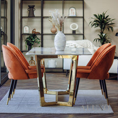 Loki 1.8m Gold Dining Set – Cream Sintered Stone Table with 4/6 Bjorn Rust Velvet Chairs