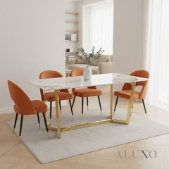 Loki 1.8m Gold Dining Set – Cream Sintered Stone Table with 4/6 Bjorn Rust Velvet Chairs