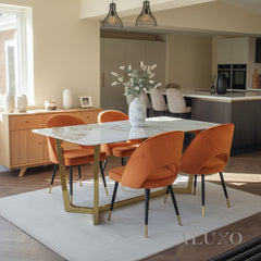 Loki 1.8m Gold Dining Set – Cream Sintered Stone Table with 4/6 Bjorn Rust Velvet Chairs