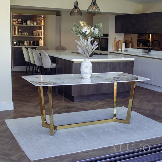 Loki 180cm Cream Sintered Stone Dining Table with Gold Y-Leg Stand