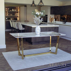 Loki 1.8m Gold Dining Set – Cream Sintered Stone Table with 4/6 Bjorn Rust Velvet Chairs