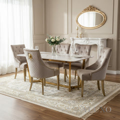 Loki 1.8m Gold Dining Set – Cream Sintered Stone Table with 4/6 Henrik Beige Velvet Chairs