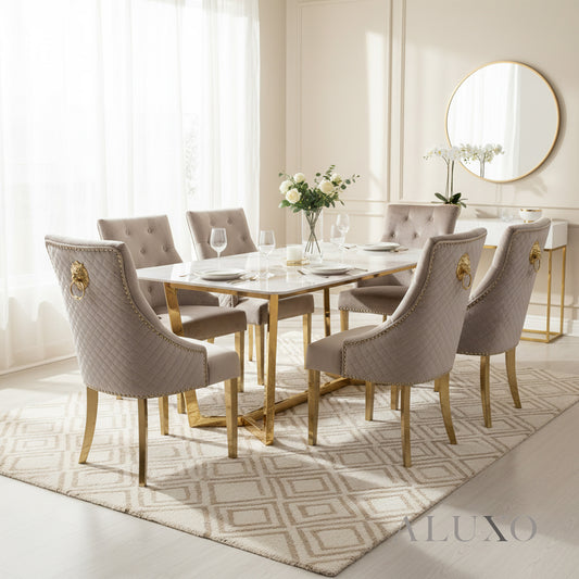 Loki 1.8m Gold Dining Set – Cream Sintered Stone Table with 4/6 Henrik Beige Velvet Chairs