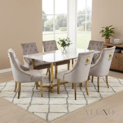 Loki 1.8m Gold Dining Set – Cream Sintered Stone Table with 4/6 Henrik Beige Velvet Chairs
