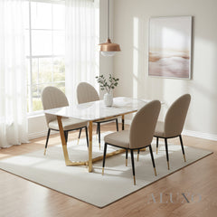 Loki 1.8m Gold Dining Set – Cream Sintered Stone Table with 4/6 Olle Beige Leather Chairs