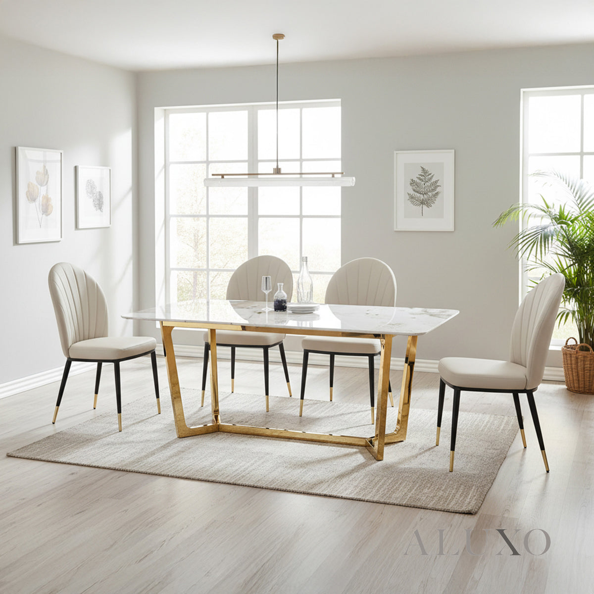 Loki 1.8m Gold Dining Set – Cream Sintered Stone Table with 4/6 Olle Beige Leather Chairs