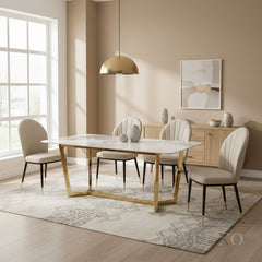 Loki 1.8m Gold Dining Set – Cream Sintered Stone Table with 4/6 Olle Beige Leather Chairs