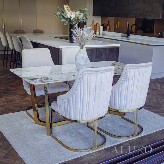Loki 1.8m Rectangular Dining Set – Sintered Stone Table with 4/6 Olivia Velvet Chairs