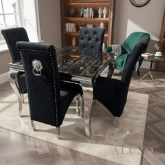 Lorens 1m Square Chrome Dining Set – Black & Gold Marble with 4 Einar Velvet Chairs