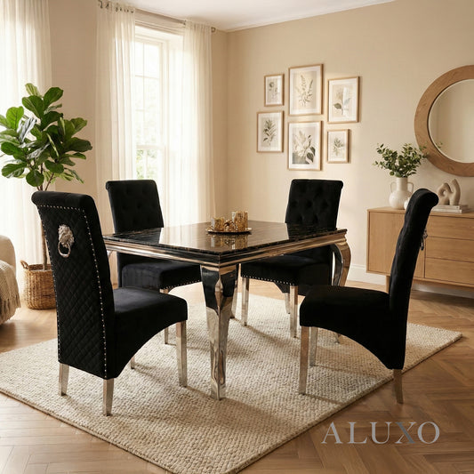 Lorens 1m Square Chrome Dining Set – Black & Gold Marble with 4 Einar Velvet Chairs