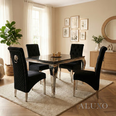Lorens 1m Square Chrome Dining Set – Black & Gold Marble with 4 Einar Velvet Chairs