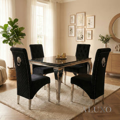 Lorens 1m Square Chrome Dining Set – Black & Gold Marble with 4 Einar Velvet Chairs