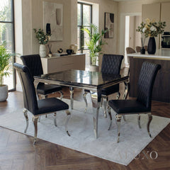 Lorens 1m Square Black & Gold Marble Chrome Dining Table with 4 Niklas Leather Chairs