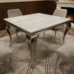 Lorens 100cm Square Chrome Dining Table – Modern White Marble Top