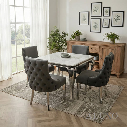 Lorens 1m Square Chrome Dining Set – White Marble Table with 4 Oskar Dark Grey Velvet Chairs
