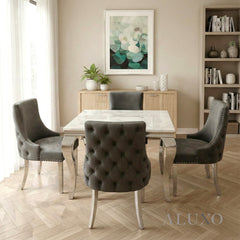Lorens 1m Square Chrome Dining Set – White Marble Table with 4 Oskar Dark Grey Velvet Chairs