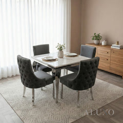 Lorens 1m Square Chrome Dining Set – White Marble Table with 4 Oskar Dark Grey Velvet Chairs