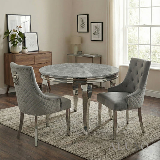 Lorens 1.3m Round Chrome Dining Set – Light Grey Marble Table with 4 Bentley Grey Velvet Chairs