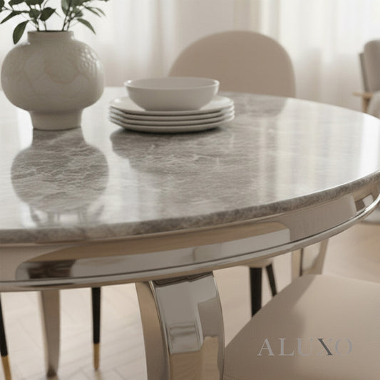 Lorens 130cm Round Light Grey Marble Dining Table with Chrome 4-Leg Base