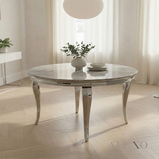 Lorens 130cm Round Light Grey Marble Dining Table with Chrome 4-Leg Base