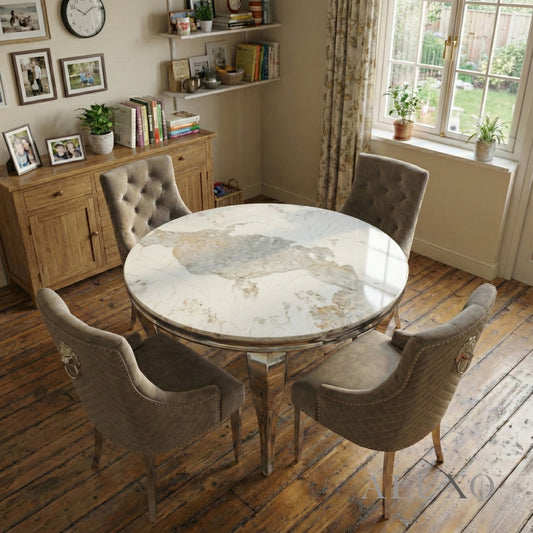 Lorens 1.3m Round Chrome Dining Set – Cream Marble Table with 4 Bentley Grey Velvet Chairs