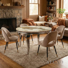 Lorens 1.3m Round Chrome Dining Set – Cream Marble with 4 Bjorn Beige Velvet Chairs