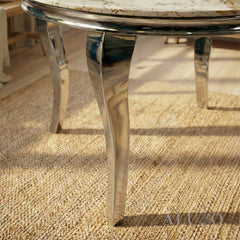 Lorens 130cm Round Cream Marble Dining Table with Chrome 4-Leg Base