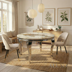 Lorens 130cm Round Cream Marble Dining Table with Chrome 4-Leg Base