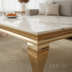 Lorens 130cm Gold Coffee Table – White Marble Top with Curved Gold Legs, Modern Living Room Centrepiece