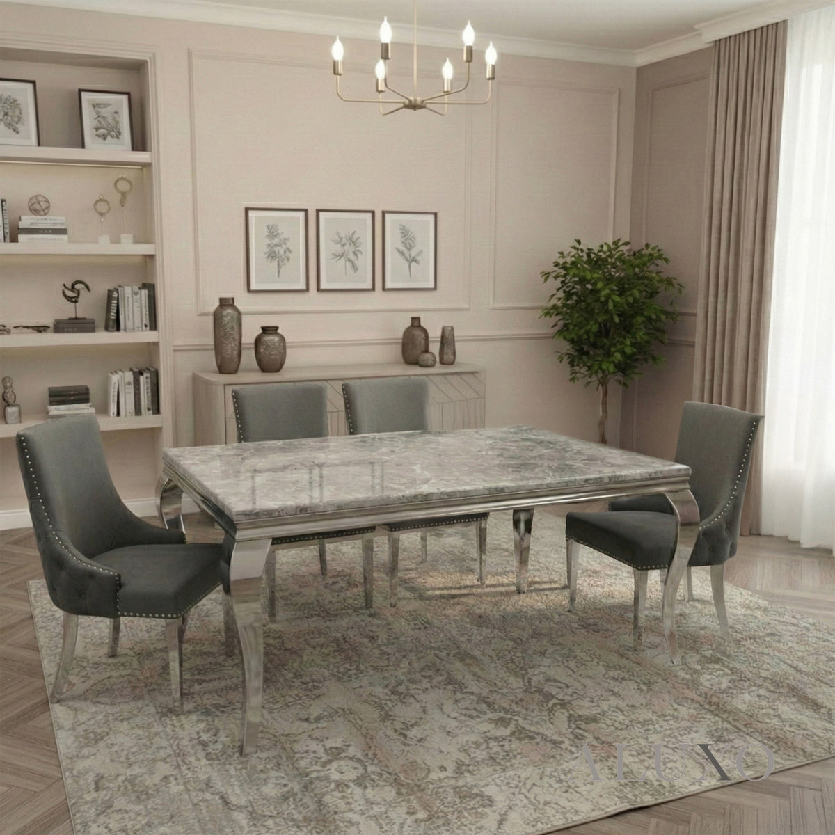 Lorens 1.5m Light Grey Marble Dining Set – Table with 4/6 Oskar Button Back Velvet Chairs