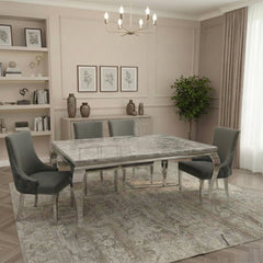 Lorens 1.5m Light Grey Marble Dining Set – Table with 4/6 Oskar Button Back Velvet Chairs