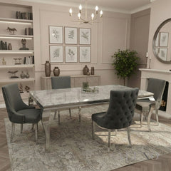 Lorens 1.5m Light Grey Marble Dining Set – Table with 4/6 Oskar Button Back Velvet Chairs