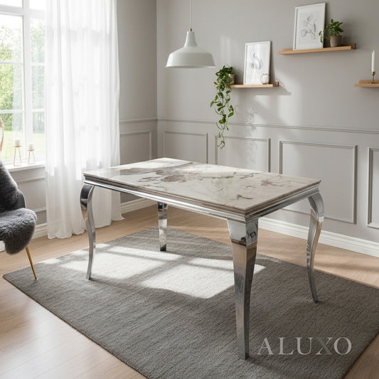 Lorens 150cm Marble Dining Table with Chrome 4-Leg Base – White, Grey, Cream