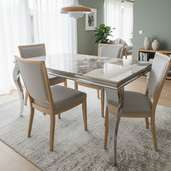 Lorens 150cm Marble Dining Table with Chrome 4-Leg Base – White, Grey, Cream