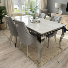 Lorens 1.5m White Marble Dining Table with 4/6 Bentley Velvet Chairs