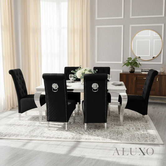 Lorens 1.5m White Marble Dining Table with 4/6 Einar Black Velvet Chairs