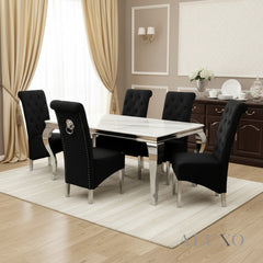Lorens 1.5m White Marble Dining Table with 4/6 Einar Black Velvet Chairs