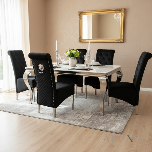 Lorens 1.5m White Marble Dining Table with 4/6 Einar Black Velvet Chairs