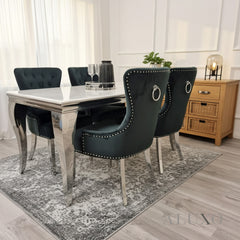 Lorens 1.5m Rectangular Chrome Dining Set - White Marble Table with 4/6 Black Velvet Chairs