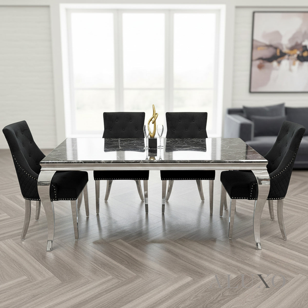Lorens 1.8m Chrome Dining Set – Black Marble Table with 4/6/8 Bentley Velvet Chairs