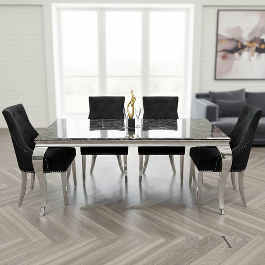 Lorens 1.8m Chrome Dining Set – Black Marble Table with 4/6/8 Bentley Velvet Chairs