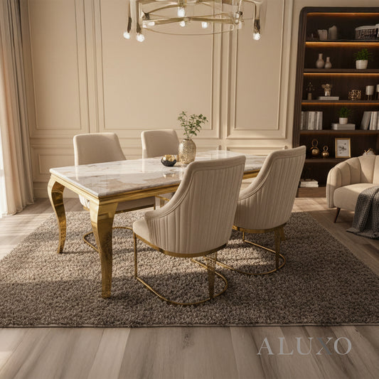 Lorens Gold 1.8m Cream Marble Dining Table with 4/6  Olivia Velvet Chairs