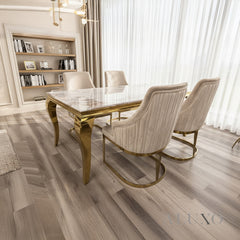 Lorens Gold 1.8m Cream Marble Dining Table with 4/6  Olivia Velvet Chairs