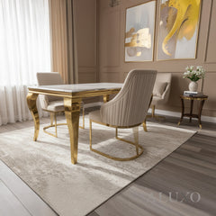 Lorens Gold 1.8m Cream Marble Dining Table with 4/6  Olivia Velvet Chairs