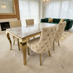 Lorens Gold 1.8m Cream Marble Dining Table with 4/6 Oskar Velvet Chairs