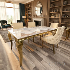 Lorens Gold 1.8m Cream Marble Dining Table with 4/6 Oskar Velvet Chairs