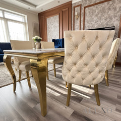 Lorens Gold 1.8m Cream Marble Dining Table with 4/6 Oskar Velvet Chairs